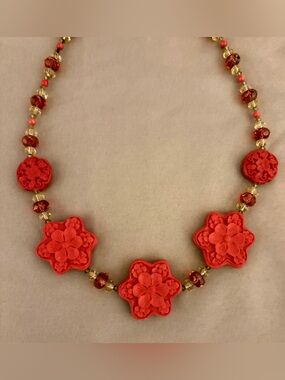 1980’s Style Carved Cinnabar Chinese Necklace